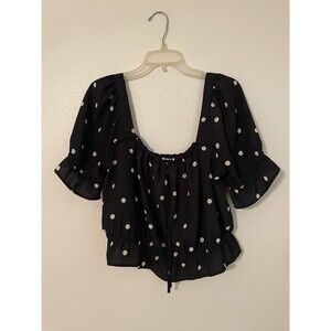 H&M Womens Black Polka Dot Cropped Puff Sleeve Smock Back Office Siren Sz L